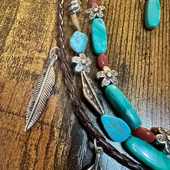 Turquoise‎ Feather Southwestern Boho Multi Necklace and Earrings Set - Picture 6 of 11